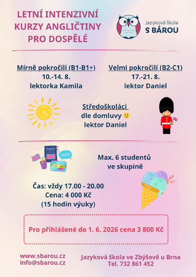 Plakát události Intenzivní letní kurz angličtiny pro pokročilé dospělé (B2/C1)