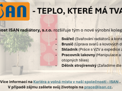 ISAN radiátory s.r.o. nabízí práci na pozici Dělník strojírenský - rozšiřujeme výrobu v obci Blansko