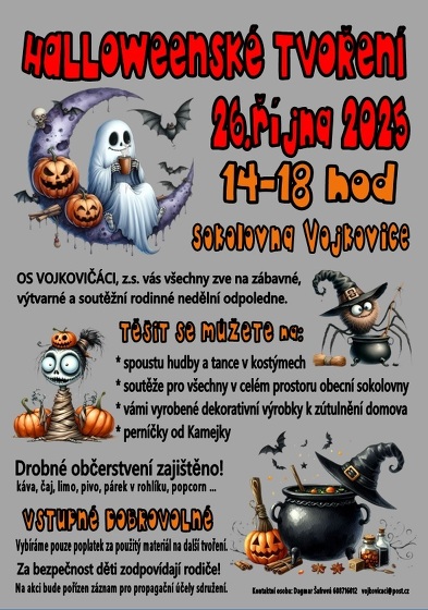 Plakát události HALLOWEENSKÉ TVOŘENÍ a PÁRTY 26.října 2025 14-18h sokolovna Vojkovice