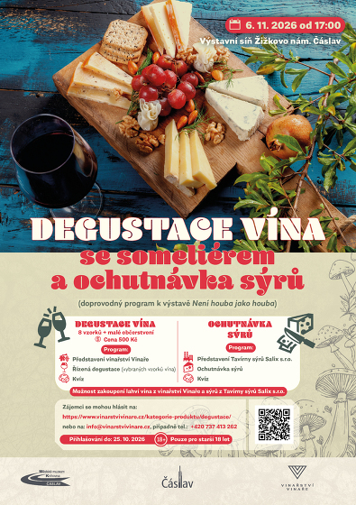 Plakát události Degustace vína se someliérem a ochutnávka sýrů, přihlášky do 25.10.2026
