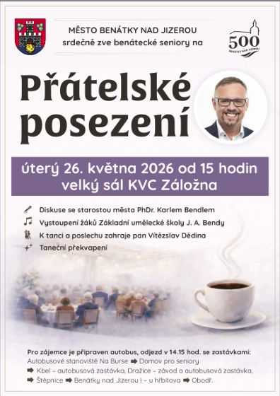 Plakát události Přátelské posezení pro seniory v Benátkách nad Jizerou