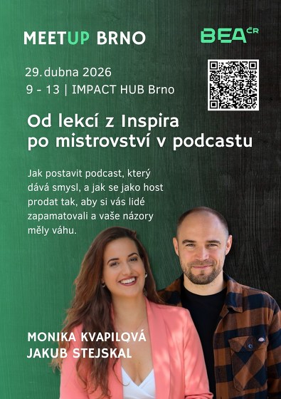 Plakát události MeetUP BEA ČR Brno: Od Inspira po mistrovství v podcastu