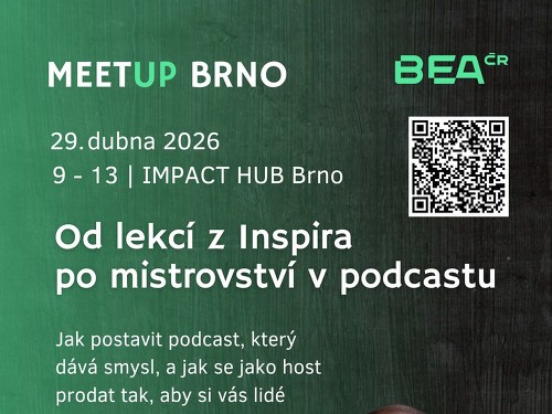 Plakát události MeetUP BEA ČR Brno: Od Inspira po mistrovství v podcastu