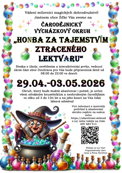 Plakát události Čarodějnický vycházkový okruh v obci Žďár „Honba za tajemstvím ztraceného lektvaru“