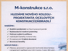 M-konstrukce s.r.o. nabízí práci na pozici Projektant ocelových konstrukcí/zábradlí v obci Benešov