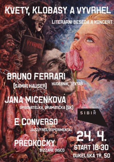 Plakát události Kvety, Klobásy a Vyvrhel – Literární beseda s koncertem