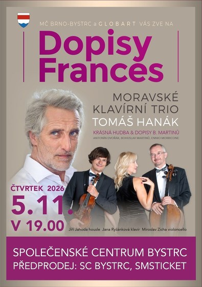 Plakát události Tomáš Hanák a Moravské klavírní trio – Dopisy Frances