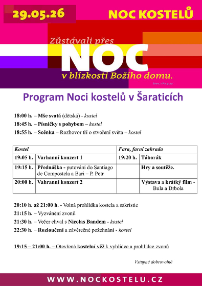 Plakát události NOC KOSTELŮ Šaratice, pátek 29. 5. 2026