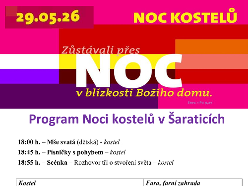 NOC KOSTELŮ Šaratice, pátek 29. 5. 2026