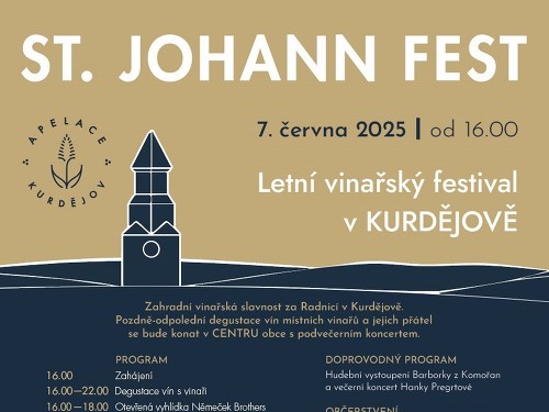 Plakát události St. Johann Fest - Zahradní vinařská slavnost za Radnicí v Kurdějově
