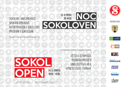Plakát události Noc sokoloven a Sokol open v Moravských Budějovicích 23. a 24. 9.