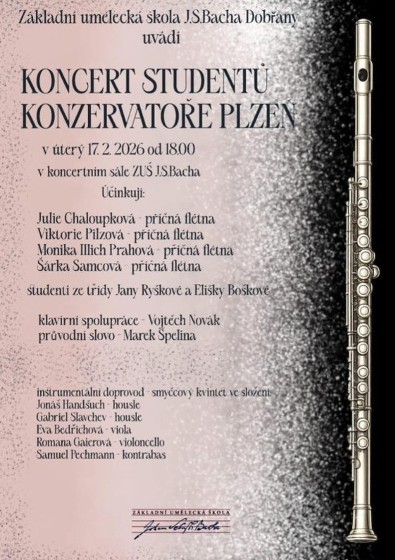 Plakát události Koncert studentů Konzervatoře Plzeň v ZUŠ J. S. Bacha Dobřany