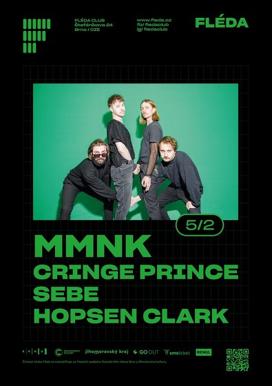 Plakát události mmnk + hosté: Cringe Prince, Sebe, Hopsen Clark