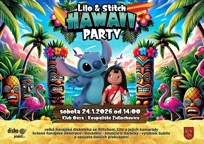 Plakát události Havajská party pro děti ve stylu pohádky Lilo & Stitch