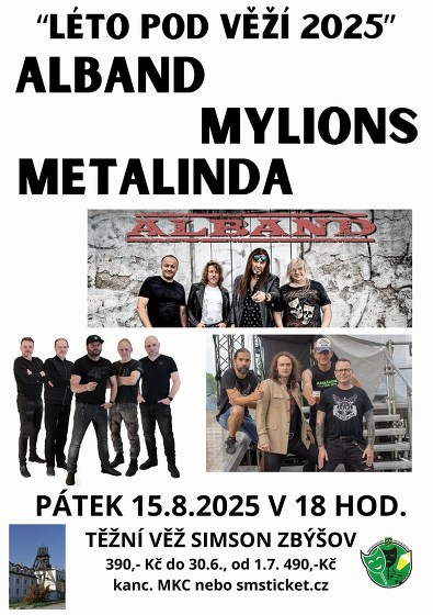 Plakát události Léto pod věží - Alband, Mylions, Metalinda