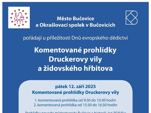 Plakát události Prohlídky Druckerovy vily a židovského hřbitova v Bučovicích