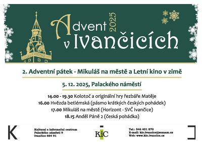 Plakát události 2. Adventní pátek 2025 - Mikuláš na městě a Letní kino v zimě