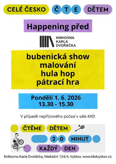 Plakát události Celé Česko čte dětem.  Happening před knihovnou