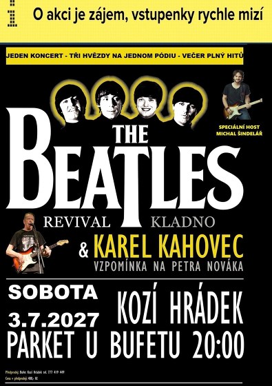 Plakát události 3 hvězdy na jednom podiu - K. Kahovec, Beatles, M. Šindelář