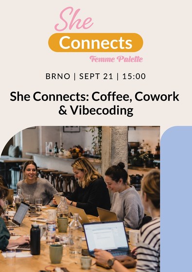 Plakát události She Connects: Coffee, Cowork & Vibecoding