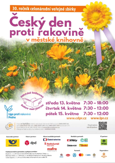 Plakát události Český den proti rakovině v městské knihovně Bakov nad Jizerou