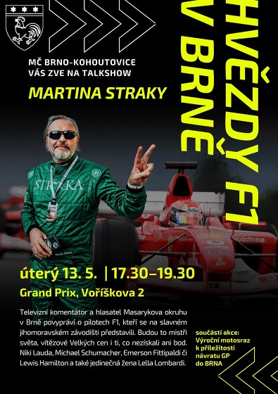 Plakát události Hvězdy F1 v Brně - talkshow Martina Straky