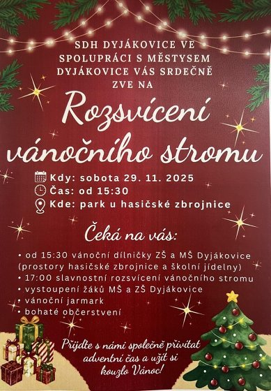 Plakát události Rozsvícení vánočního stromu a vánoční jarmark v Dyjákovicích
