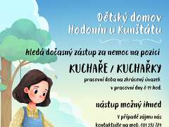 Dětský domov Hodonín u Kunštátu, p. o. nabízí práci na pozici Kuchař/ka ve školní jídelně (zástup za nemoc) v obci Hodonín