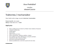Obec Předklášteří nabízí práci na pozici Traktorista / Mechanizátor v obci Předklášteří