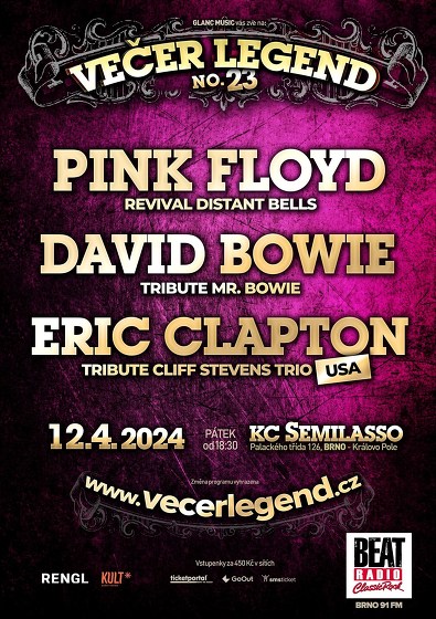 Plakát události Večer legend 23 - tribute bands Clapton, Bowie, Pink Floyd