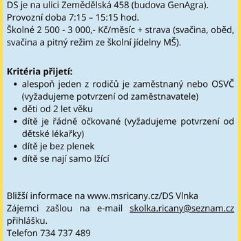Volná místa v Dětské skupině Vlnka