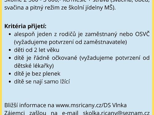Volná místa v Dětské skupině Vlnka