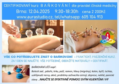 Plakát události BAŇKOVÁNÍ dle tradiční čínské medicíny - 12.4.2025 Brno - certifikovaný kurz