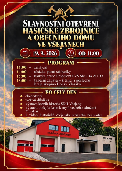 Plakát události Slavnostní otevření Hasičské zbrojnice a obecního domu ve Všejanech