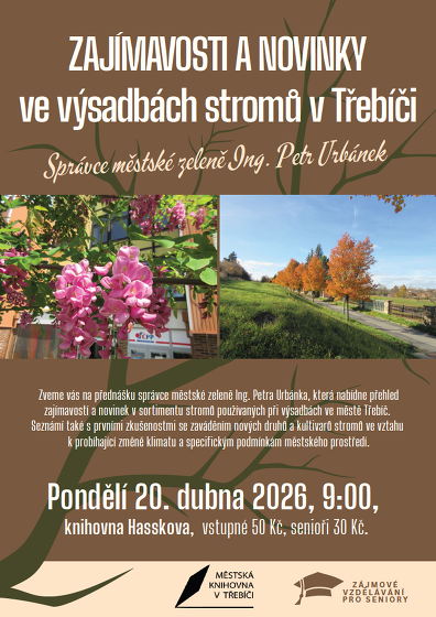 Plakát události Zajímavosti a novinky ve výsadbách stromů v Třebíči / Ing. Petr Urbánek