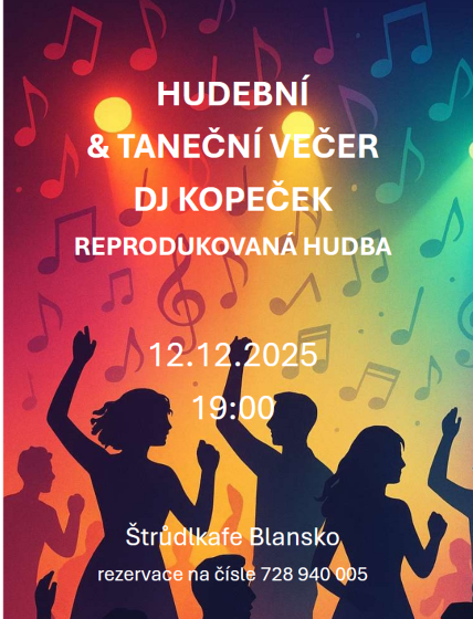 Plakát události Hudební a taneční večer – DJ Kopeček, reprodukovaná hudba