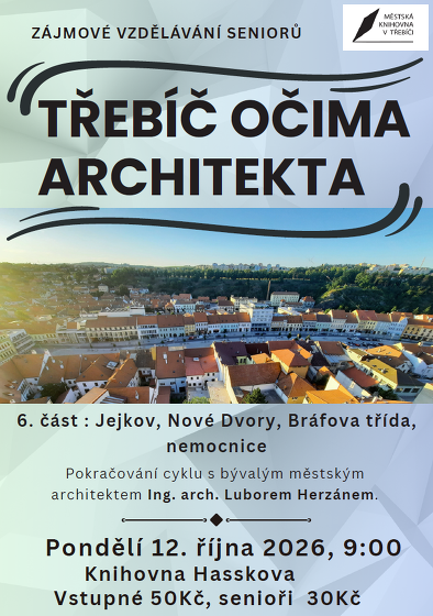 Plakát události Třebíč očima architekta. 6. část. Jejkov, Nové Dvory, nemocnice, Bráfova třída / Lubor Herzán