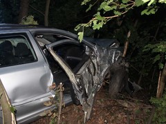 Opilec za volantem skončil v lese u Zbraslavi. Množstvím alkoholu v krvi překvapil i policisty