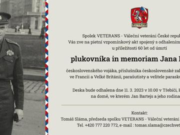 Spolek VETERANS zve v Třebíči na odhalení pamětní desky plk. in memoriam Janu Bartejsovi