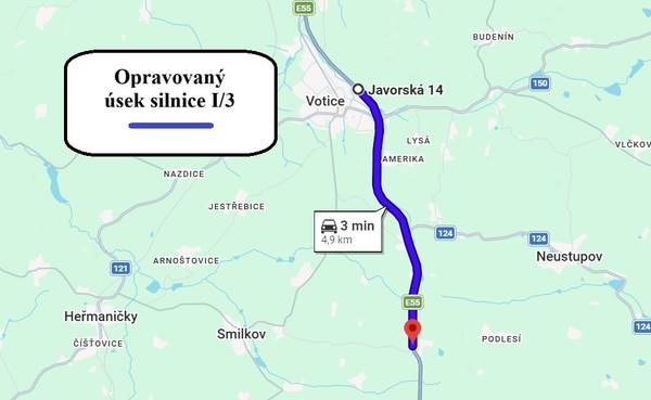 oprava silnice I/3 mezi Voticemi a Oldřichovcem - mapa