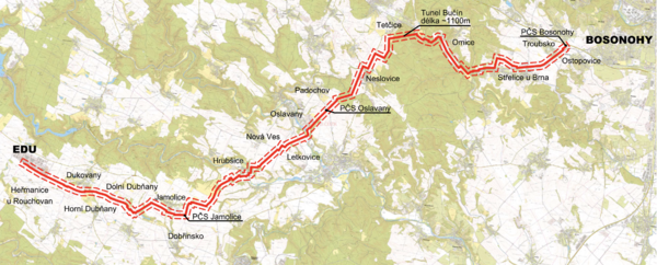 Mapa předpokládané trasy z Dukovan do Brna.
