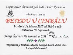 Nevíte co s příští sobotou? V Řícmanicích je Beseda u cimbálu