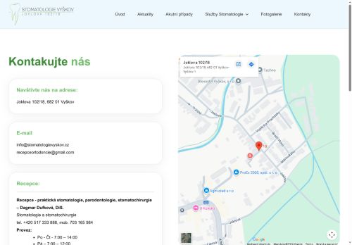 Zobrazit webové stránky Stomatologie Vyškov - MUDr. Hana Bělohlávková, MDDr. Denisa Francová, MUDr. Bohdana Jelečková, MUDr. et MUDr. Richard Pink, PhD., Dagmar Gottvaldová, DiS.