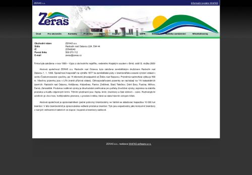 Webové stránky ZERAS a.s., Radostín nad Oslavou
