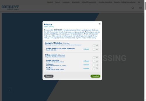 Webové stránky BENTELER Business Services CZ s.r.o., Praha