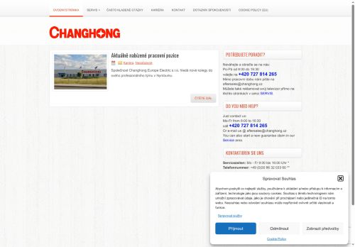 Webové stránky Changhong Europe Electric s.r.o., Nymburk