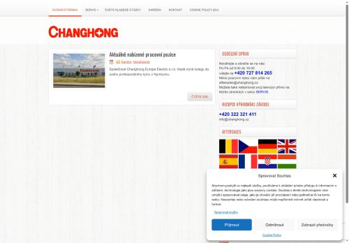 Webové stránky Changhong Europe Electric s.r.o., Nymburk