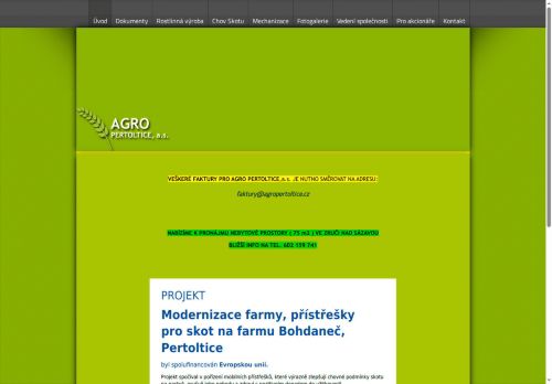 Webové stránky AGRO PERTOLTICE, a. s., Zruč nad Sázavou