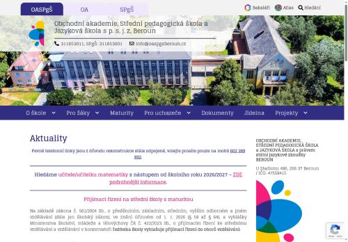 Obchodní akademie, Střední pedagogická škola a Jazyková škola s právem státní jazykové zkoušky, Beroun, U Stadionu 486 nabízí práci na pozici Učitel/ka všeobecně vzdělávacích předmětů - obor matematika v obci Beroun