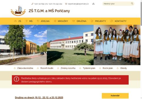 Základní škola T.G.Masaryka a Mateřská škola Poříčany, okres Kolín nabízí práci na pozici Učitel/ka 1. stupně (m/ž) v obci Poříčany